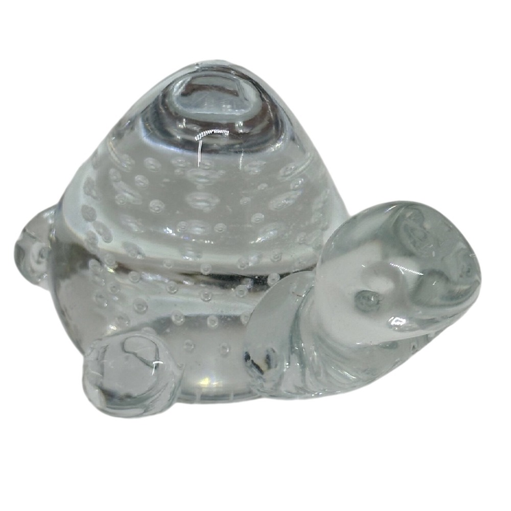 VTG Turtle Figurine Paperweight Clear Hand Blown Glass Controlled Bubbles Art